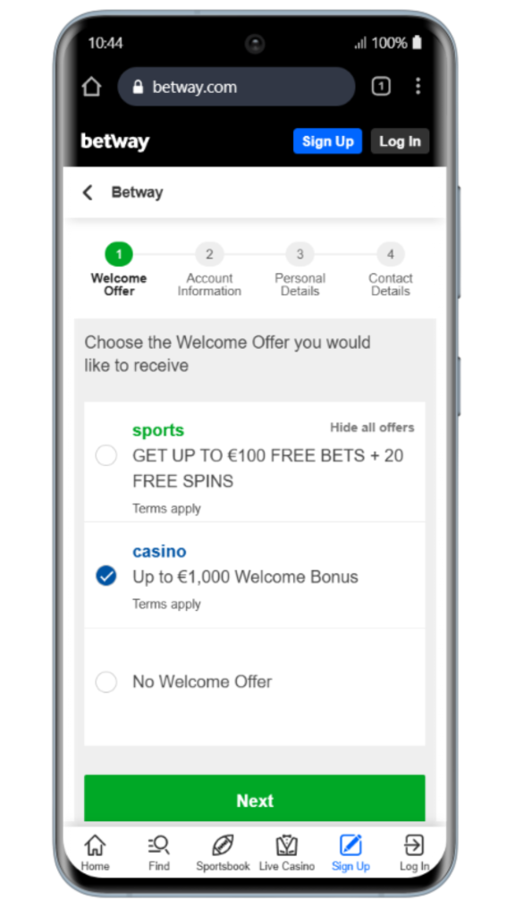 Registrering hos betway Casino